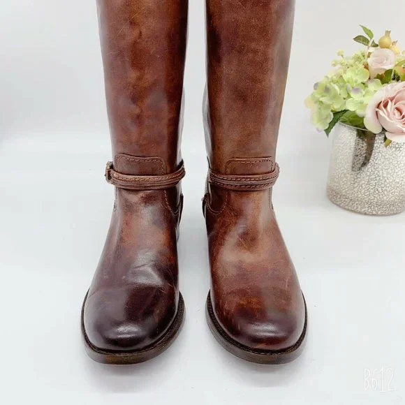 Frye Melissa Seam Knee High Boots Brown Leather Pull On Size US